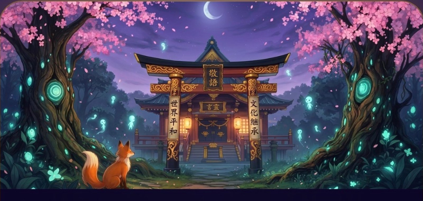 Magical shrine with kitsune and kodama spirits